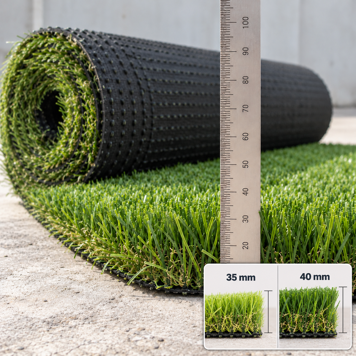 NobleGrass Valu 35 Plus artificial grass roll with ruler showing 35mm pile height