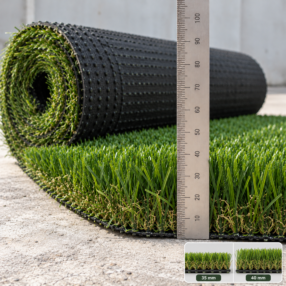 NobleGrass Cruz 40 Plus artificial grass roll with ruler showing 40mm pile height
