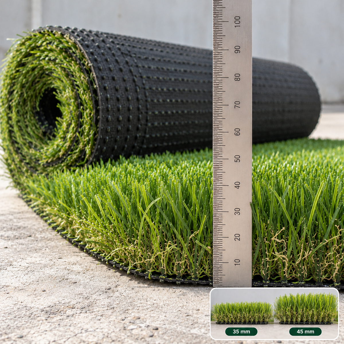 NobleGrass Premium 45 Plus artificial grass roll with ruler showing 45mm pile height
